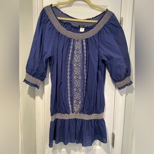 Sam & Max Size XL Blue Cream Embroidered Off the Shoulder Boho Peasant Tunic Top